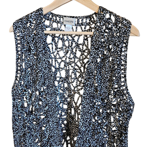 Chico's Silk Vest Open Front Crochet Black White Women's Size 2 (Large) - Picture 2 of 6